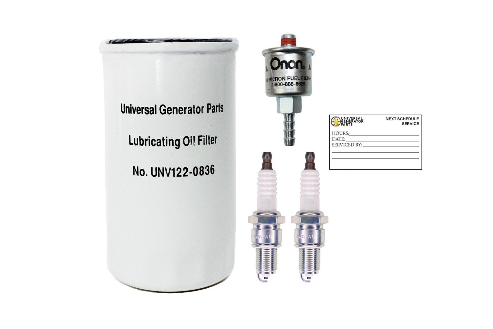 UGP Onan 0122-0836 Oil Filter, 0167-1638 Spark Plug, and 0149-2341 Fuel Filter